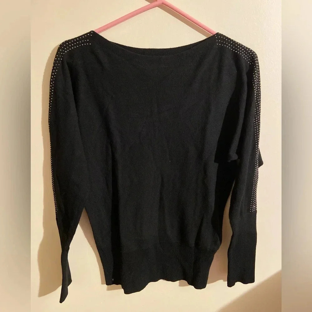 💜 Vila Milano Wool Blend Embellished Rhinestone Sleeve Black Sweater Sz Large